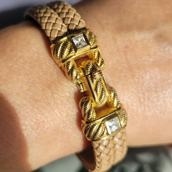 Judith Ripka Jewelry - Judith Ripka Gold and Beige Braided Leather Bracelet with Crystal Accents